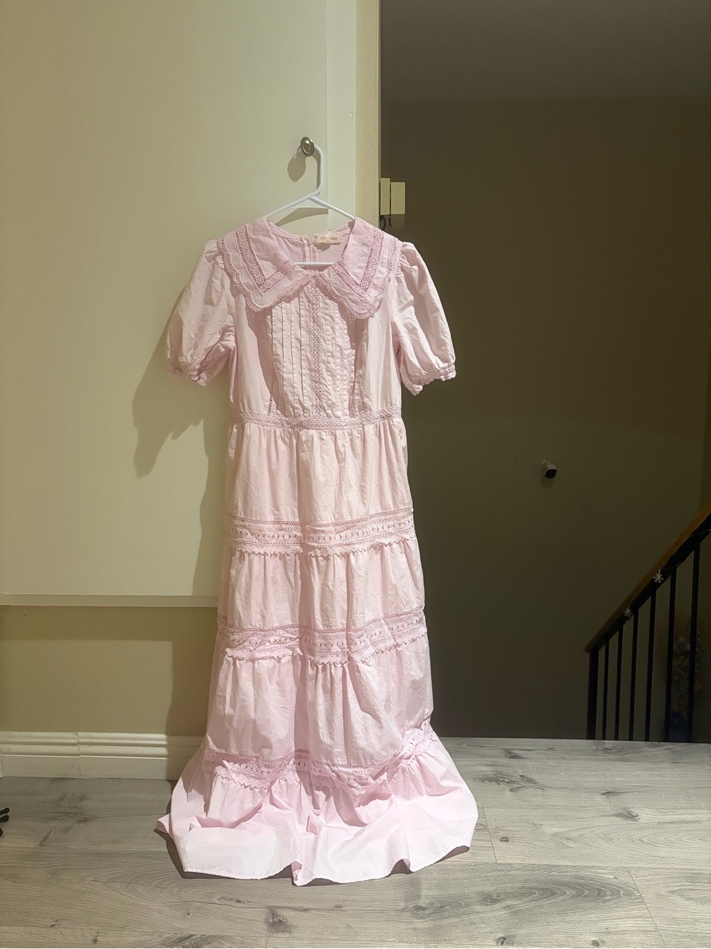 Solitaire Pink Maxi Dress with lace details and Peter Pan collar